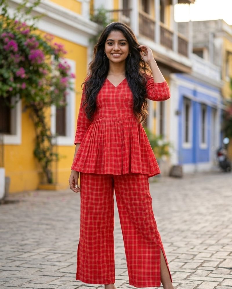 Cherry Check Red Gingham Peplum Co-ord Set – Red – view 3