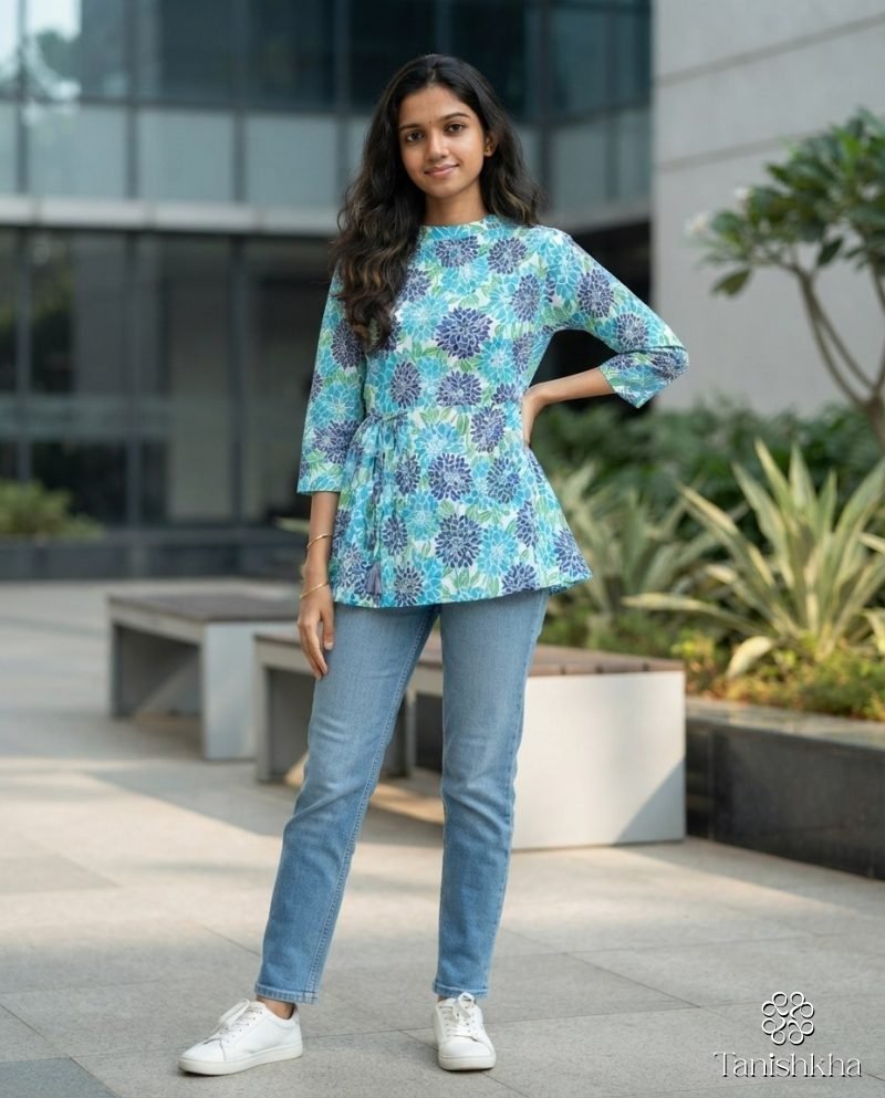 Aqua Dahlia Floral Cotton Peplum Top – Kurti
