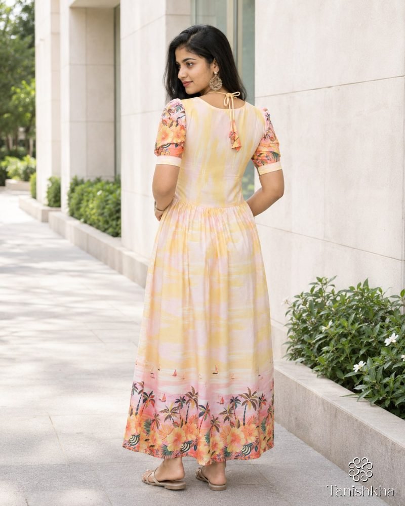 Tropical Sunset Printed Rayon Midi Dress – Peach Yellow – view 6