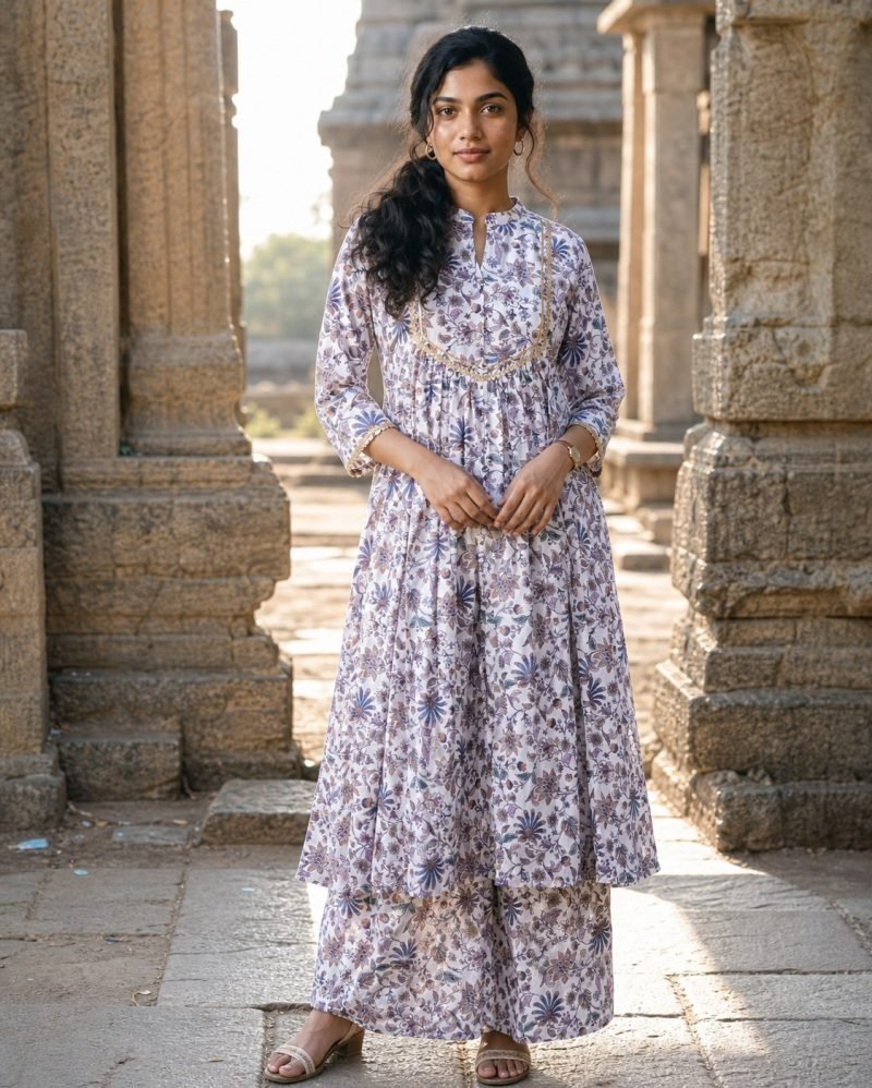 Lavender Trellis Floral Georgette Kurta Set with Dupatta – Lavender – view 6