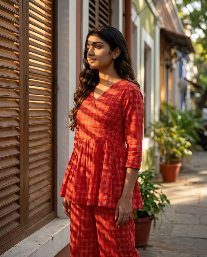 Cherry Check Red Gingham Peplum Co-ord Set – Red – view 7