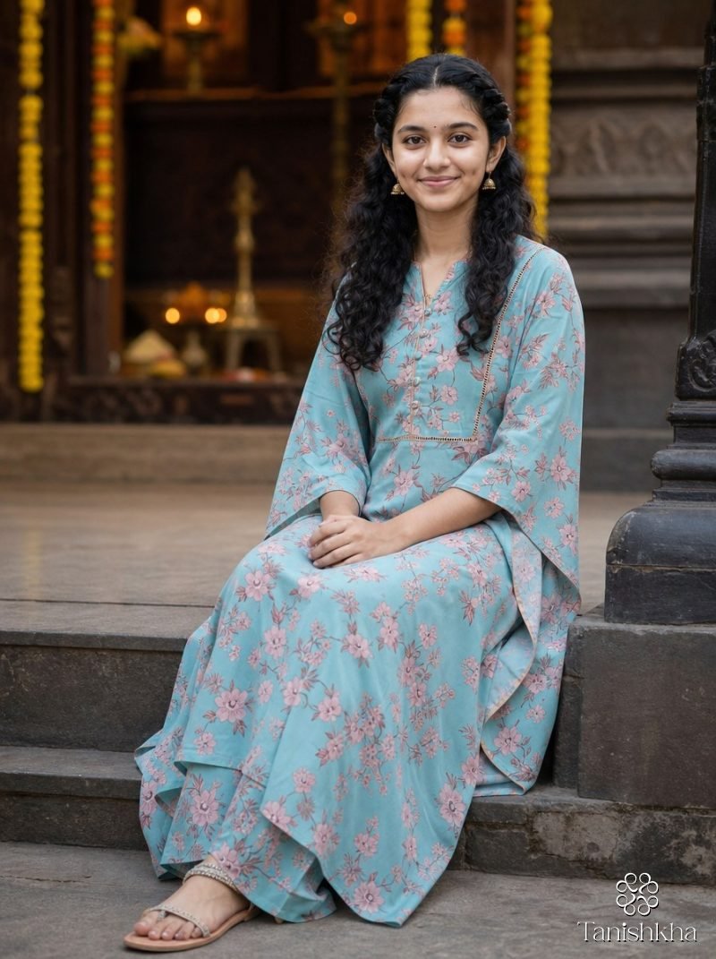 Sky Blossom Blue Floral Print Kurta Pant Set – Powder Blue – view 5