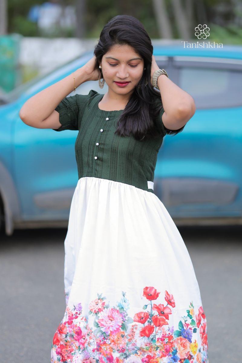 Floral Bliss – Bottle Green and White – view 4