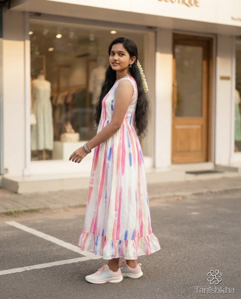 Candy Bloom Pastel Stripe Sleeveless Rayon Maxi Dress – White with pastel stripes – view 7
