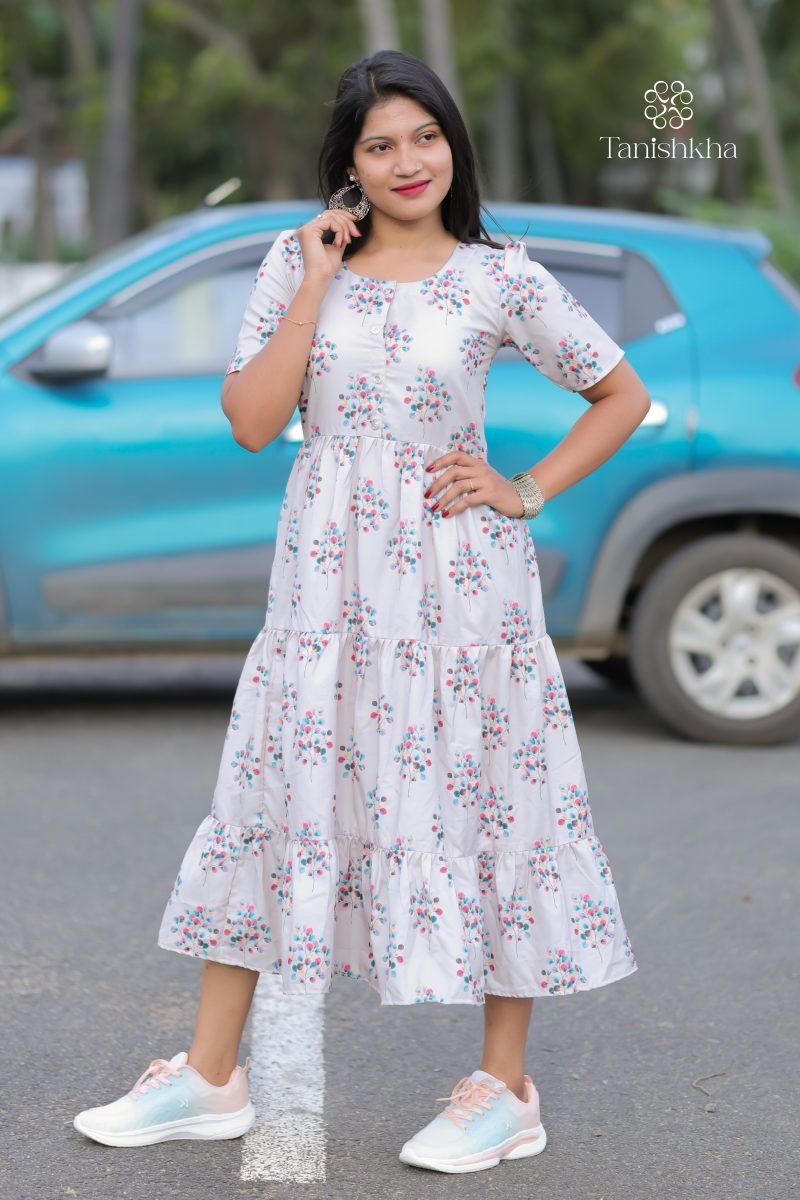 Blossom Tier Floral Rayon Midi Dress – Dress, Grey #B9B9C0
