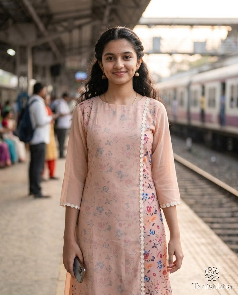 Peach Petal Floral Layered High-Low Kurti – Blush Peach – view 1