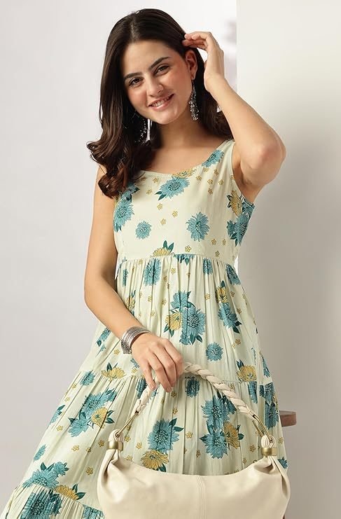 Mint Floral Pure Cotton Tiered Kurta Set – Mint – view 6