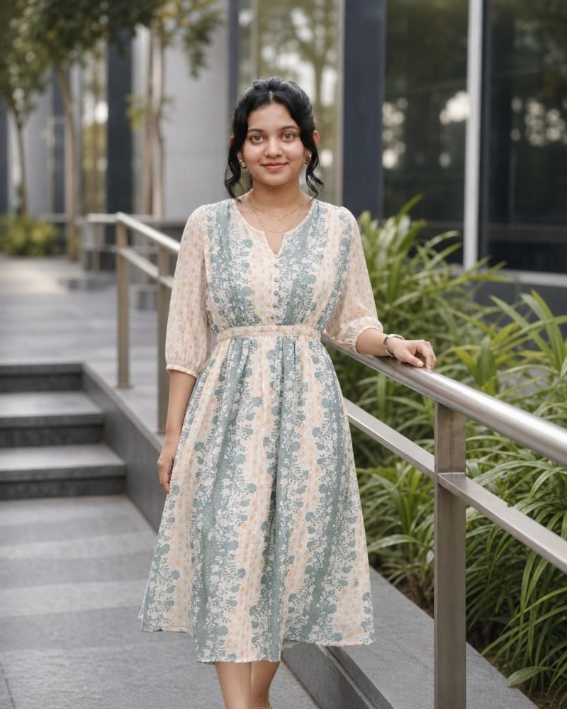 Misty Morning Blue Floral Stripe Georgette Midi Dress – Dusty Blue – view 2
