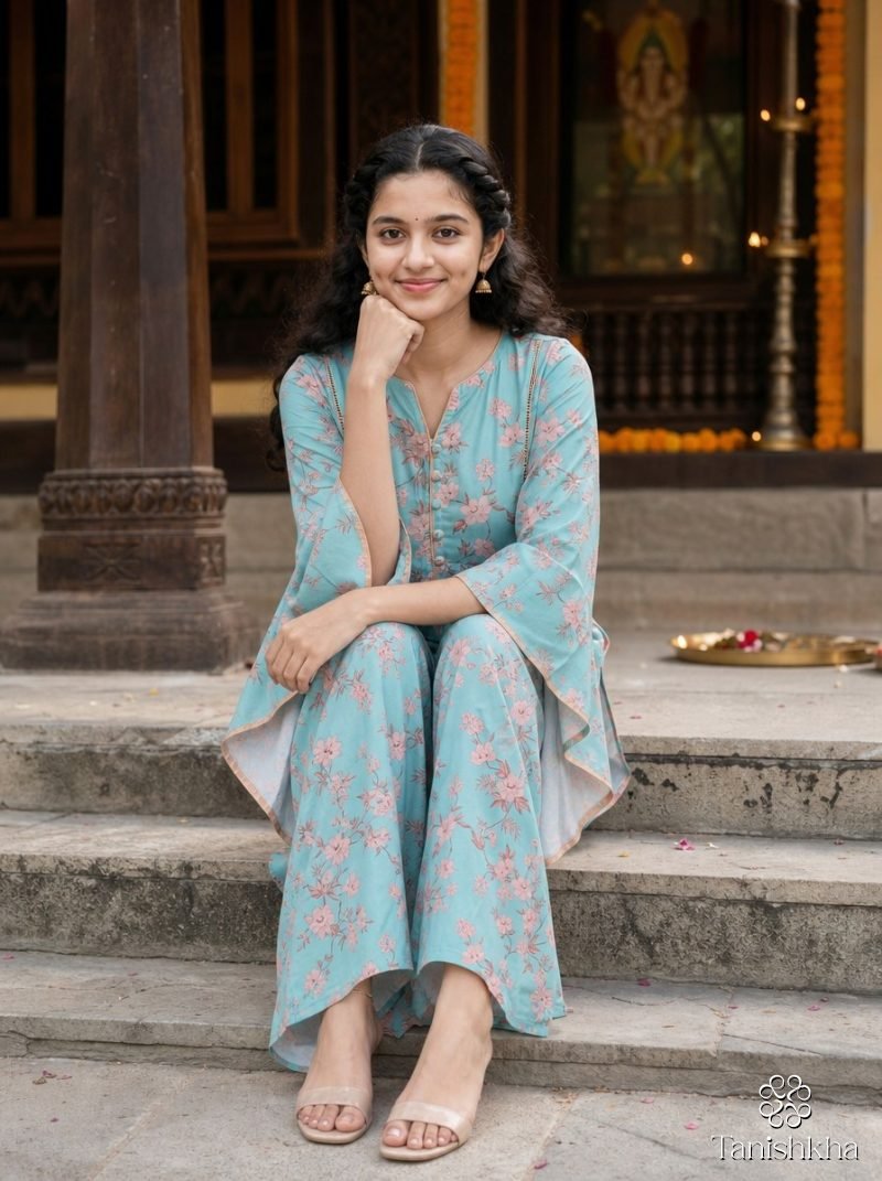 Sky Blossom Blue Floral Print Kurta Pant Set – Powder Blue – view 4