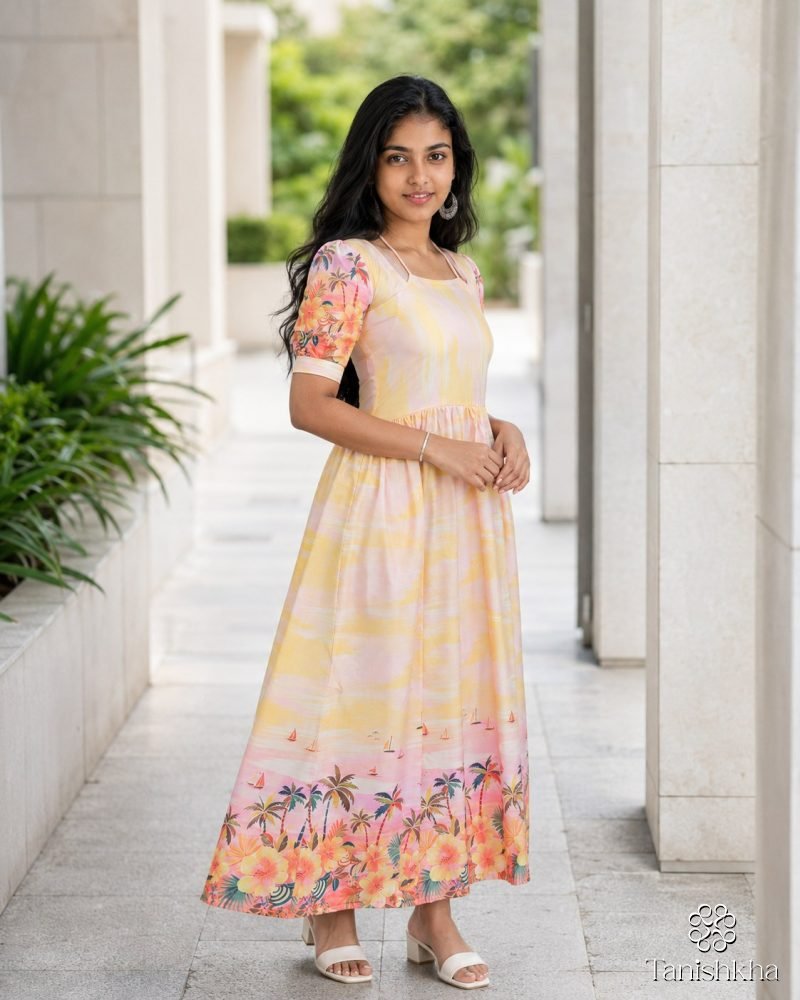 Tropical Sunset Printed Rayon Midi Dress – Peach Yellow – view 2