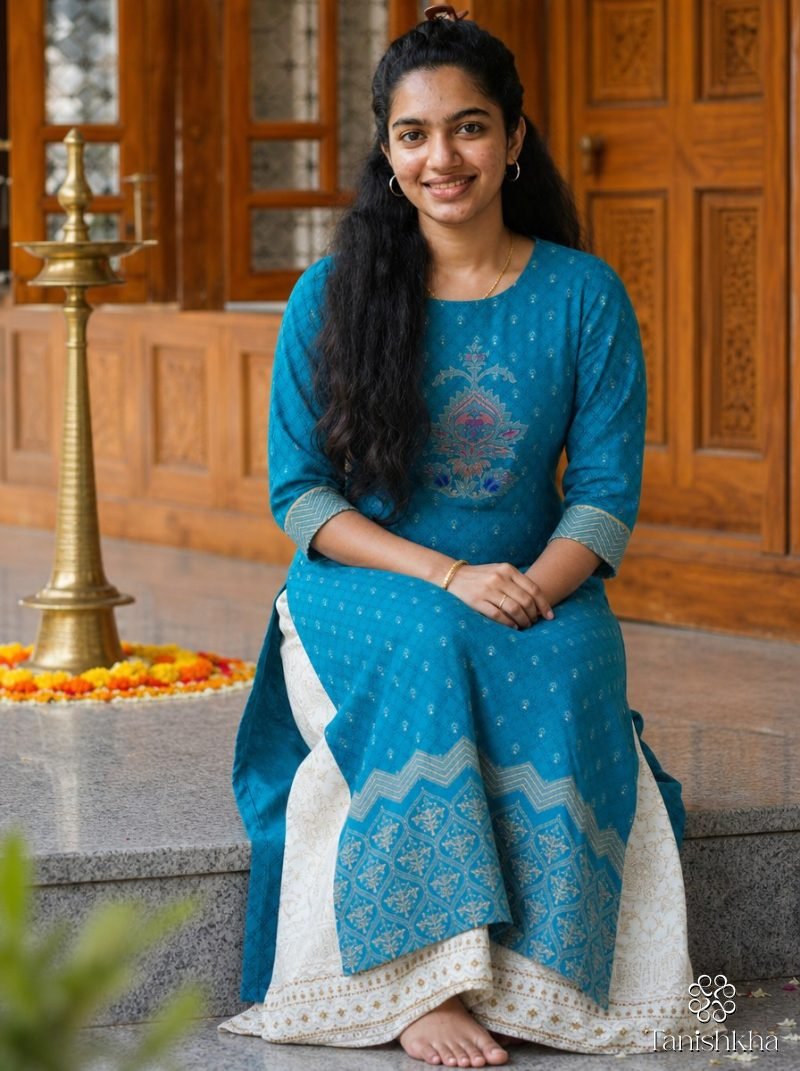 Peacock Blue Motif Print Straight Kurta Palazzo Set – Peacock Blue – view 2