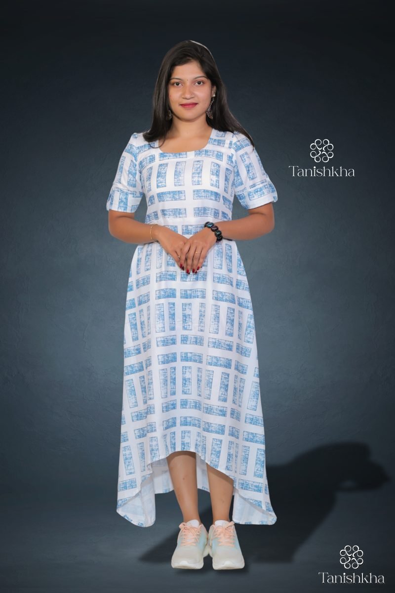 Urban Checkmate Blue Check Rayon Dress – Blue and White – view 3