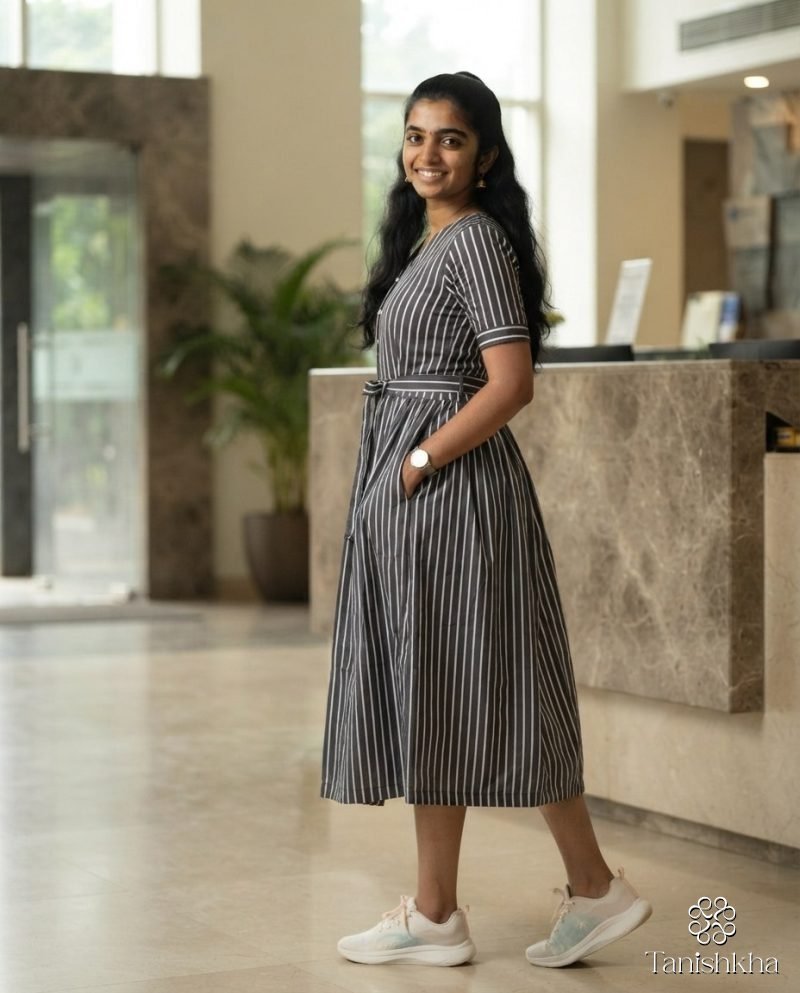 Urban Monochrome Striped Swiss Cotton Shirt Dress – Black and White – view 6