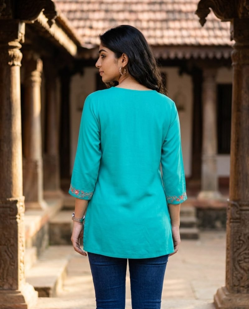Teal Tassel Embroidered Short Kurti for Women – Turquoise – view 7