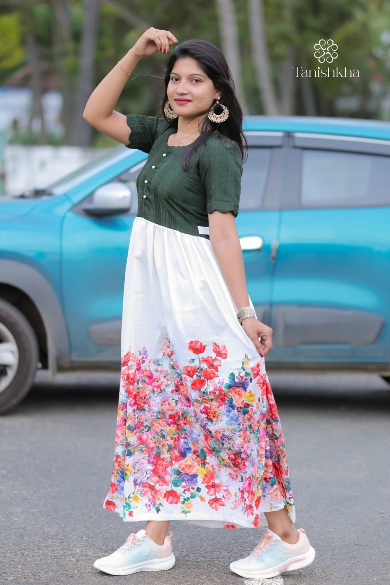 Floral Bliss – Bottle Green and White – view 6