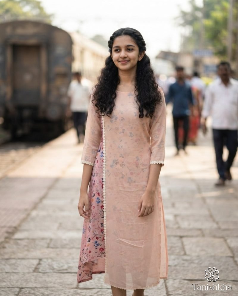 Peach Petal Floral Layered High-Low Kurti – Blush Peach – view 5