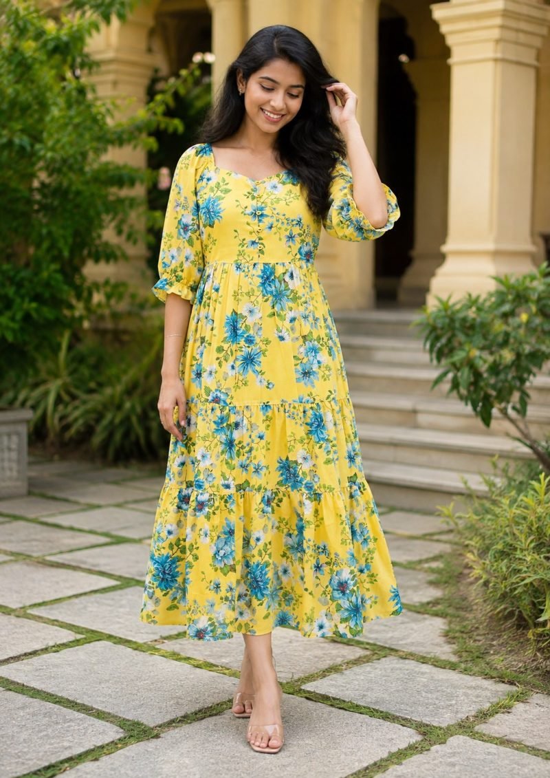 Sunlit Bloom Georgette Midi Dress – Yellow – view 6