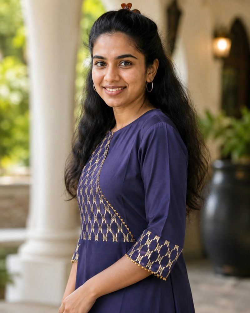 Indigo Lattice Gold Print Long A-Line Kurti – Navy Blue – view 5
