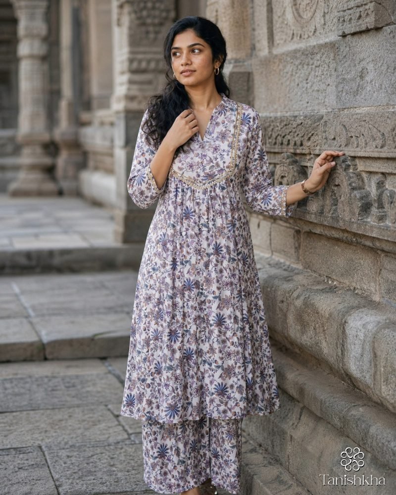 Lavender Trellis Floral Georgette Kurta Set with Dupatta – Lavender – view 5