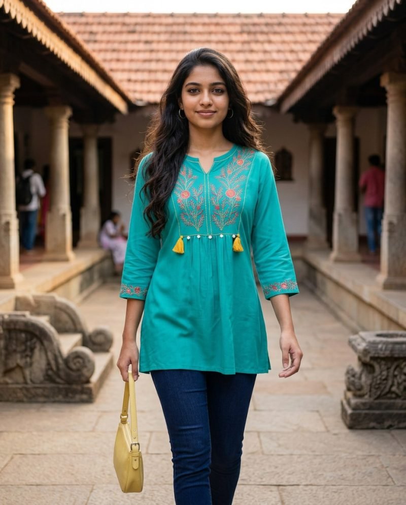 Teal Tassel Embroidered Short Kurti for Women – Turquoise – view 2