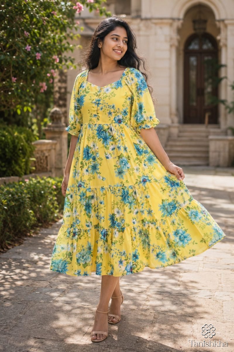 Sunlit Bloom Georgette Midi Dress – Yellow – view 5