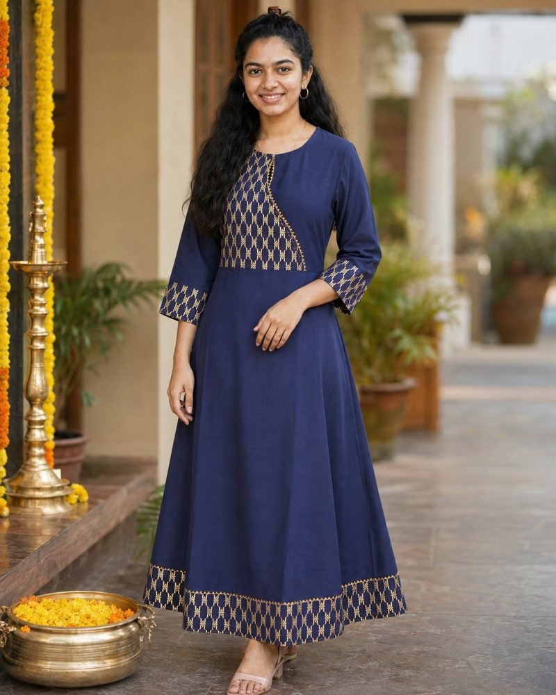 Indigo Lattice Gold Print Long A-Line Kurti – Navy Blue – view 3
