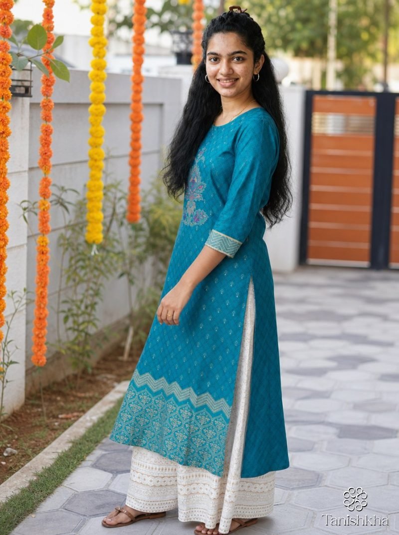 Peacock Blue Motif Print Straight Kurta Palazzo Set – Peacock Blue – view 6